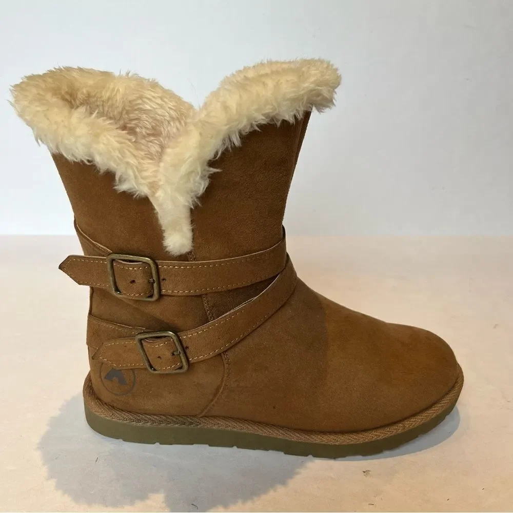 Air Walk Women's Mid Calf Boots Brown/Beige Size 7.5 Faux Fur Trim